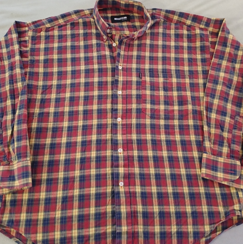 Andre exclusive mens medium red yellow blue piaid button down casual shirt